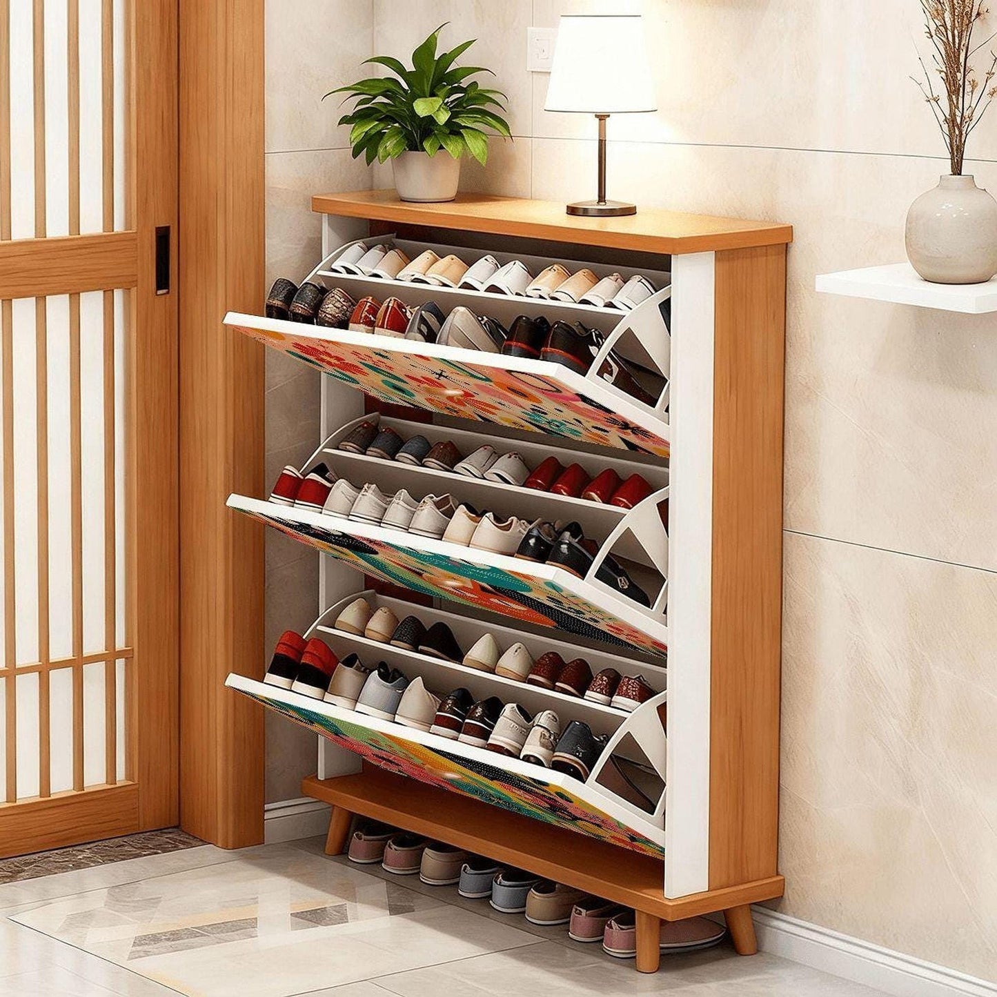 Cat Shoe Storage Cabinet with Playful Cat Motif, Made in USA