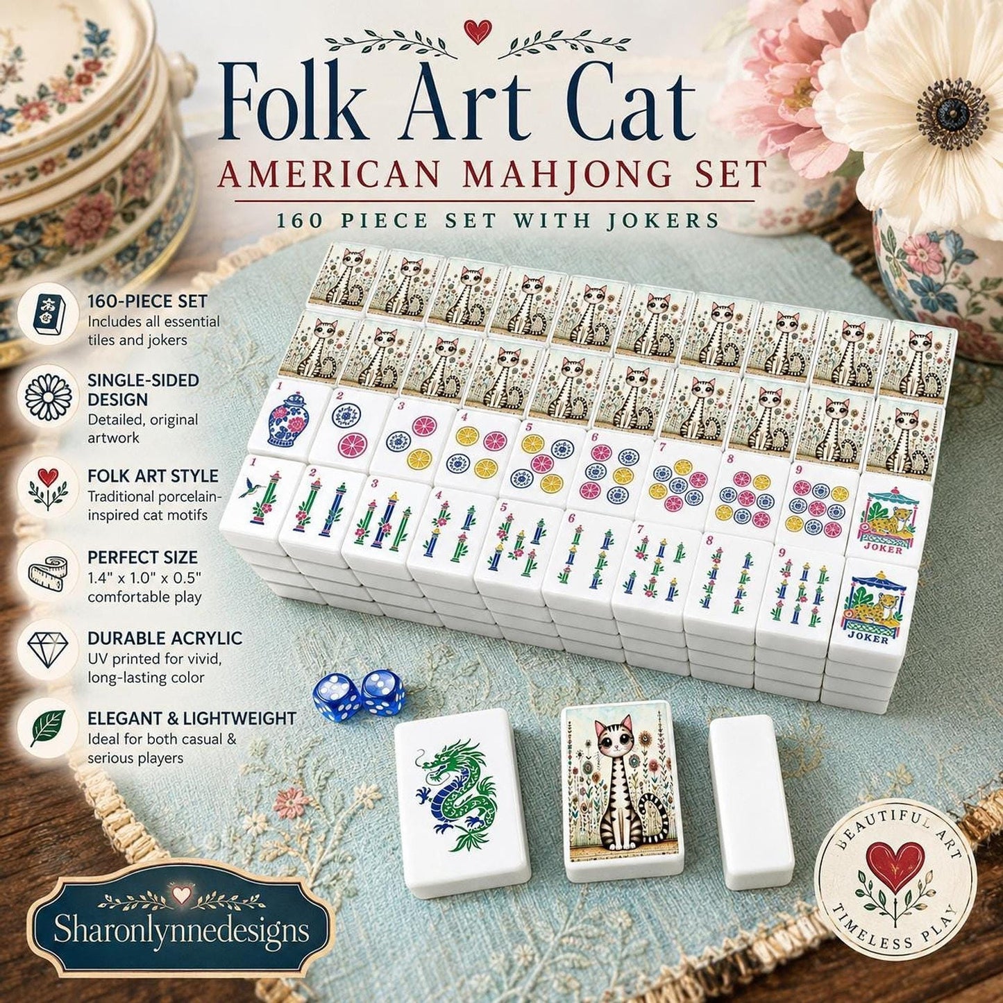 Folk Art Mahjong Set, Cat Themed Acrylic Game Tiles with Designs