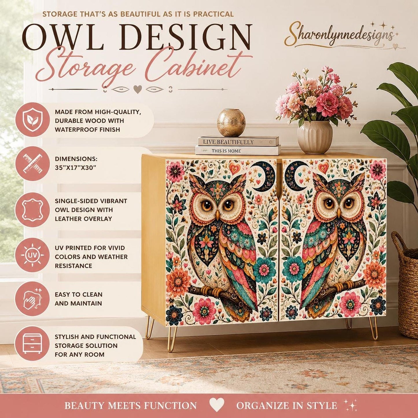 Owl Storage Cabinet with Vibrant Design and Waterproof Wood Finish