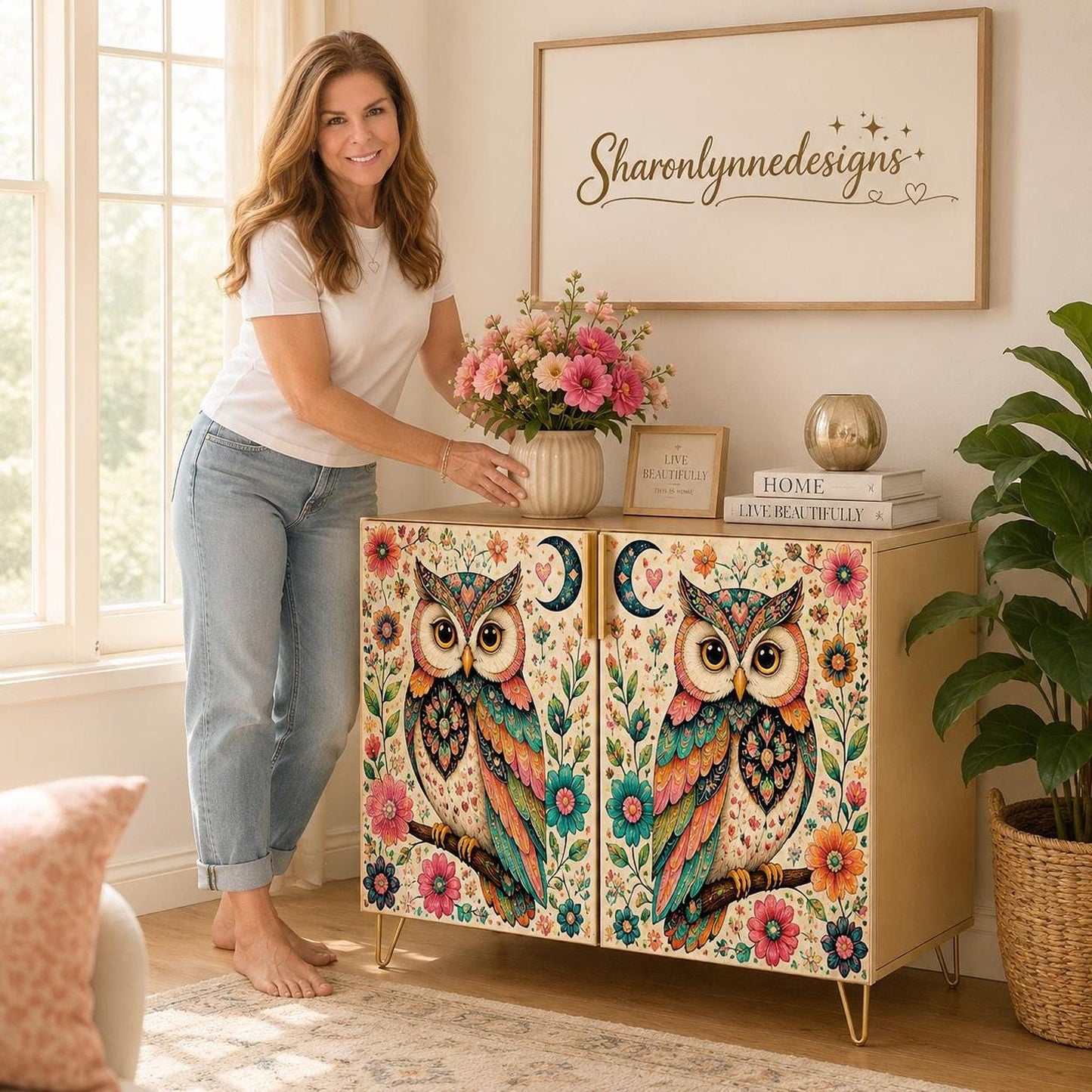 Owl Storage Cabinet with Vibrant Design and Waterproof Wood Finish