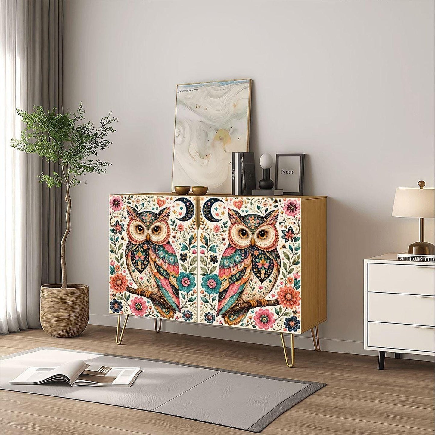 Owl Storage Cabinet with Vibrant Design and Waterproof Wood Finish