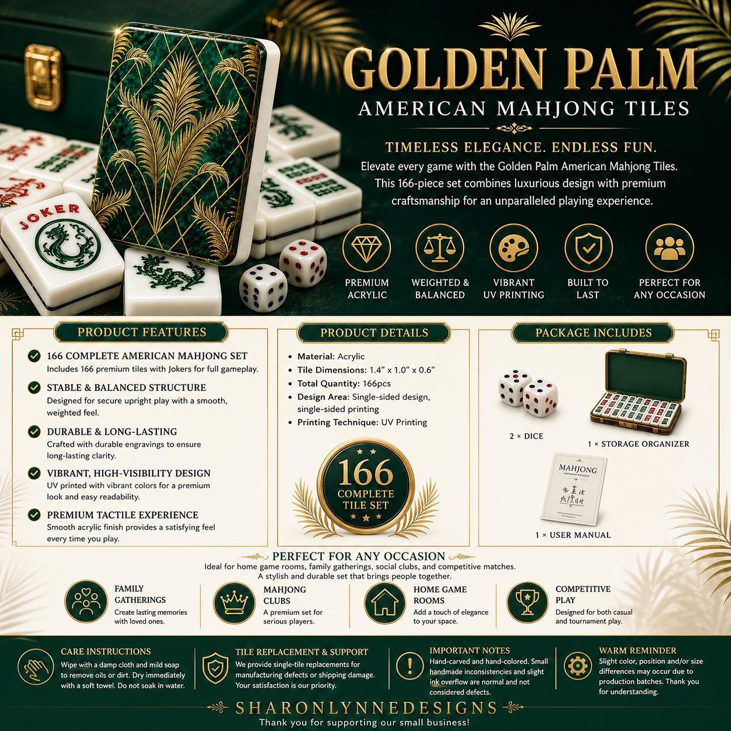 American Mahjong Golden Palm Acrylic Tile Set – 166 Pieces with Jokers