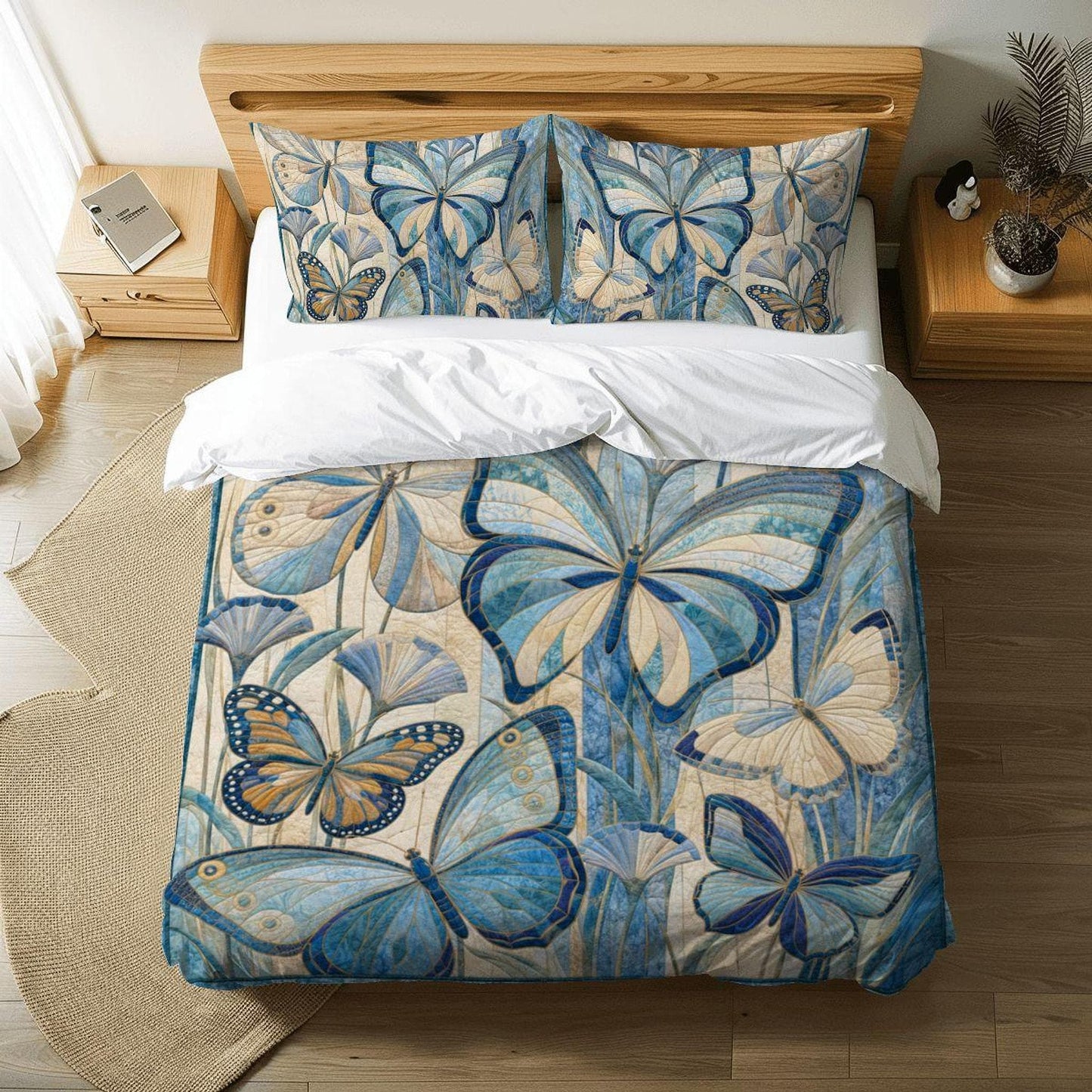 Butterfly Duvet Cover Set, King Size Bedding with Blue & Beige
