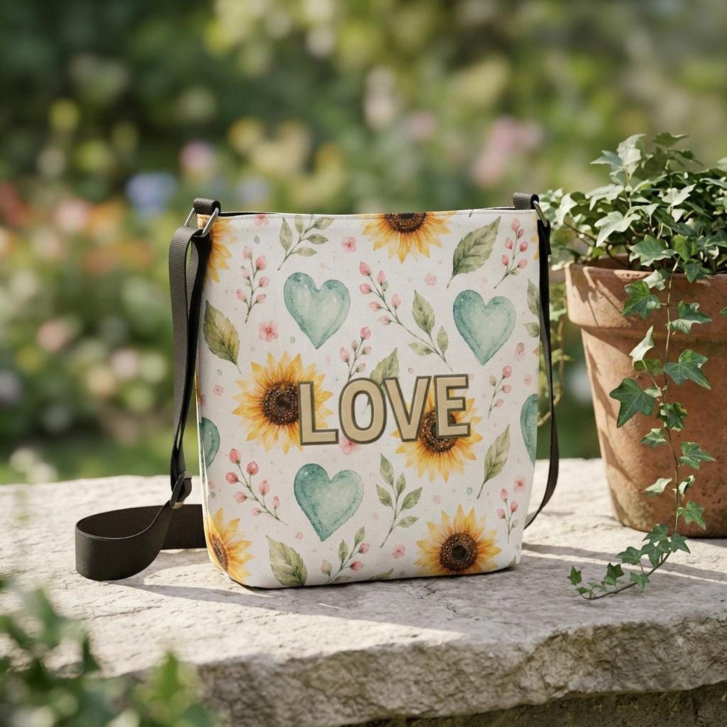 Sunflower Tote Bag with Adjustable Strap, Watercolor Hearts Design