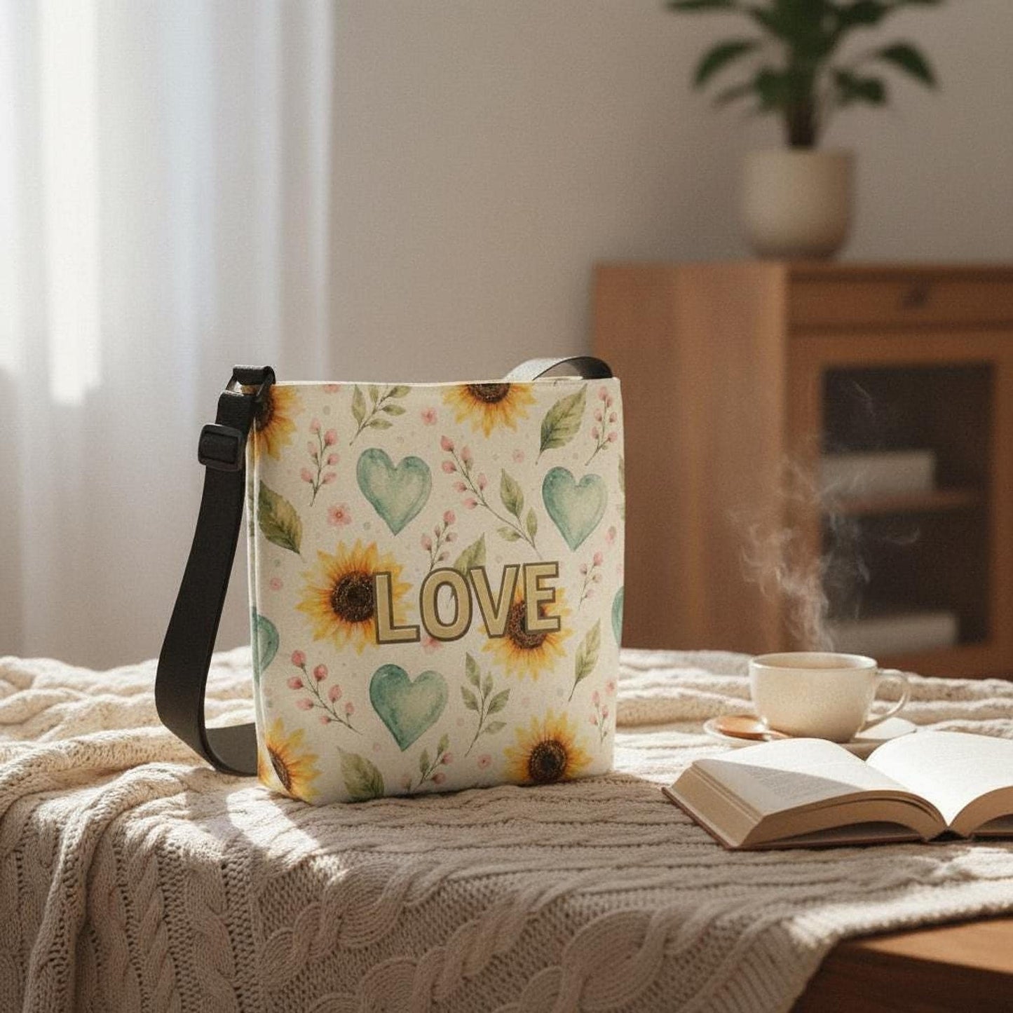 Sunflower Tote Bag with Adjustable Strap, Watercolor Hearts Design