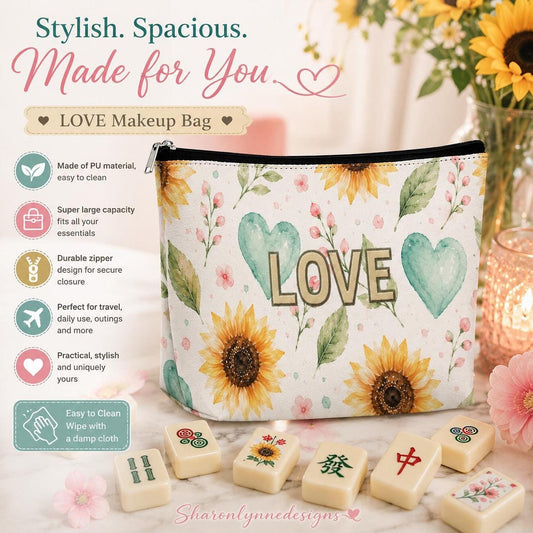 Sunflower Mahjong Makeup Bag, Watercolor Floral Cosmetic Pouch with Durable Zipper