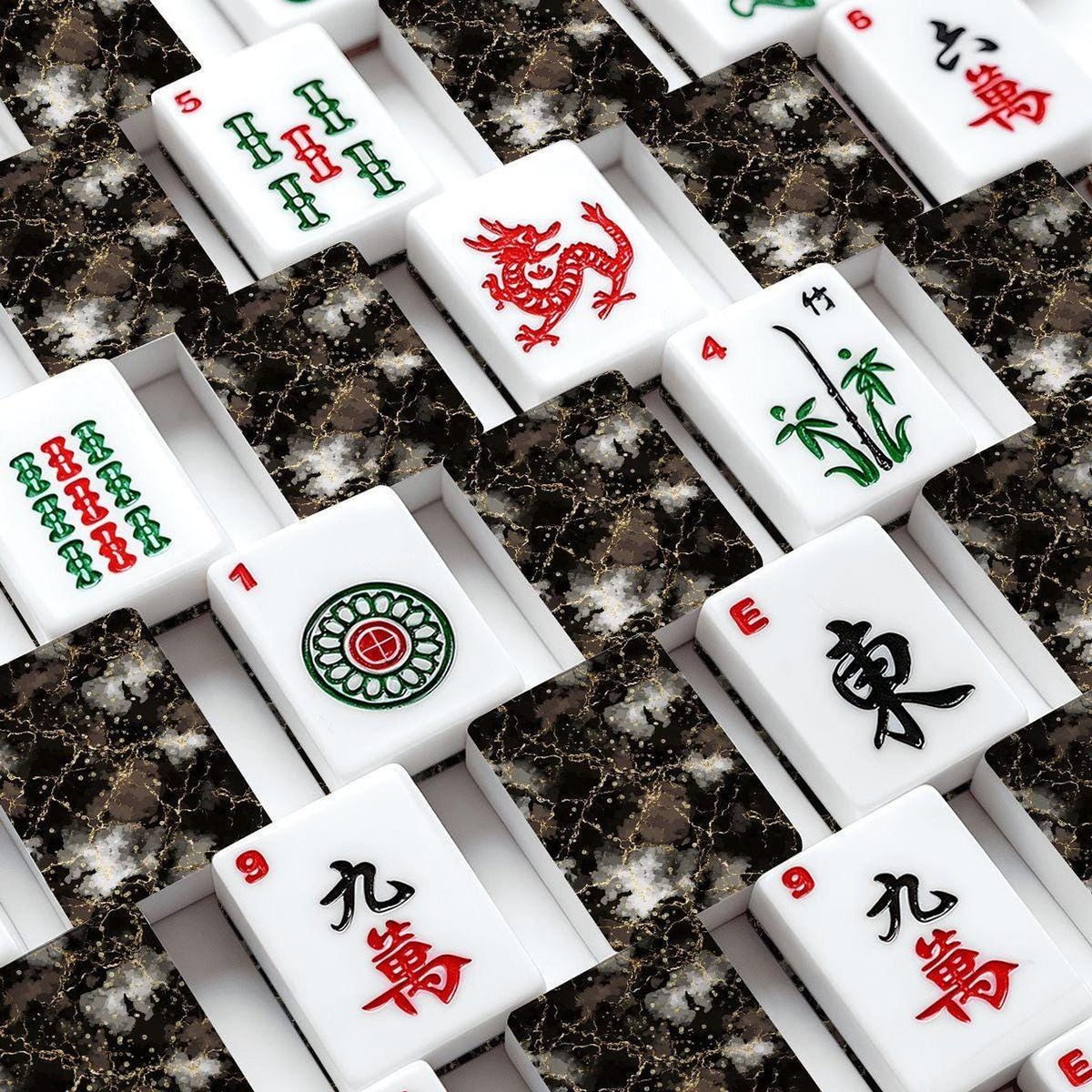 Mahjong Tile Set, Black Gold Marble Acrylic Game with Stone-Look Finish
