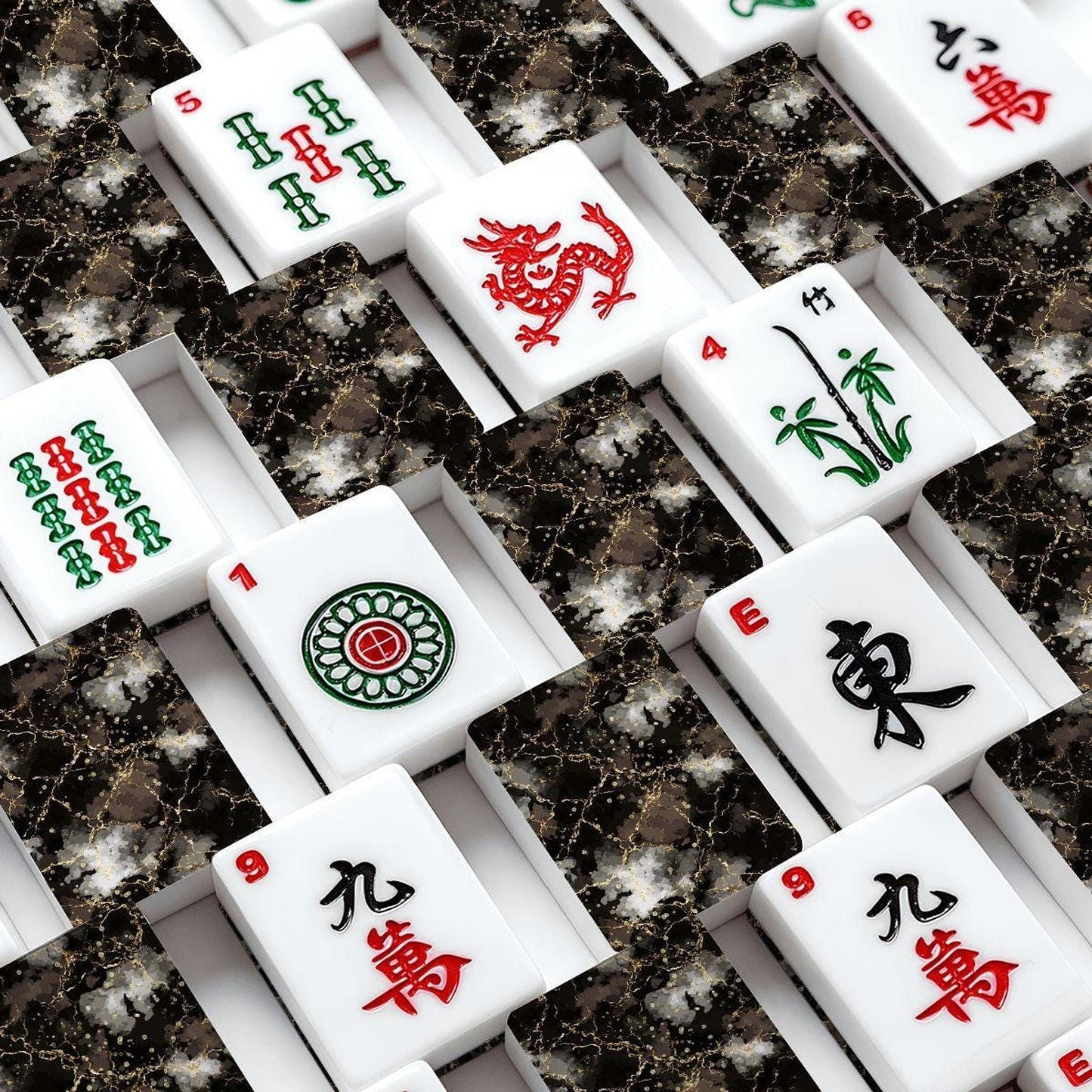 Mahjong Tile Set, Black Gold Marble Acrylic Game with Stone-Look Finish