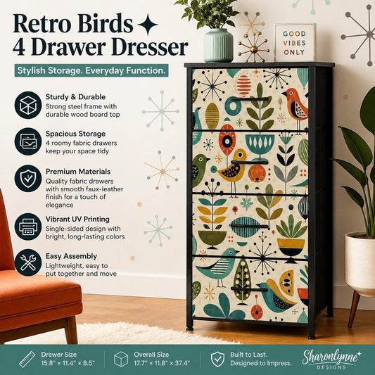 Mid Century Dresser with Colorful Bird Artwork, Made in USA