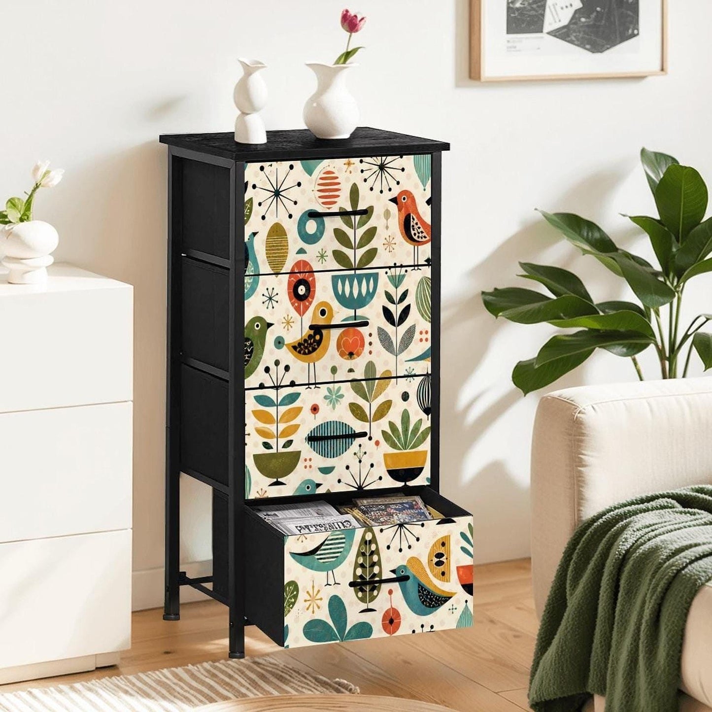 Mid Century Dresser with Colorful Bird Artwork, Made in USA
