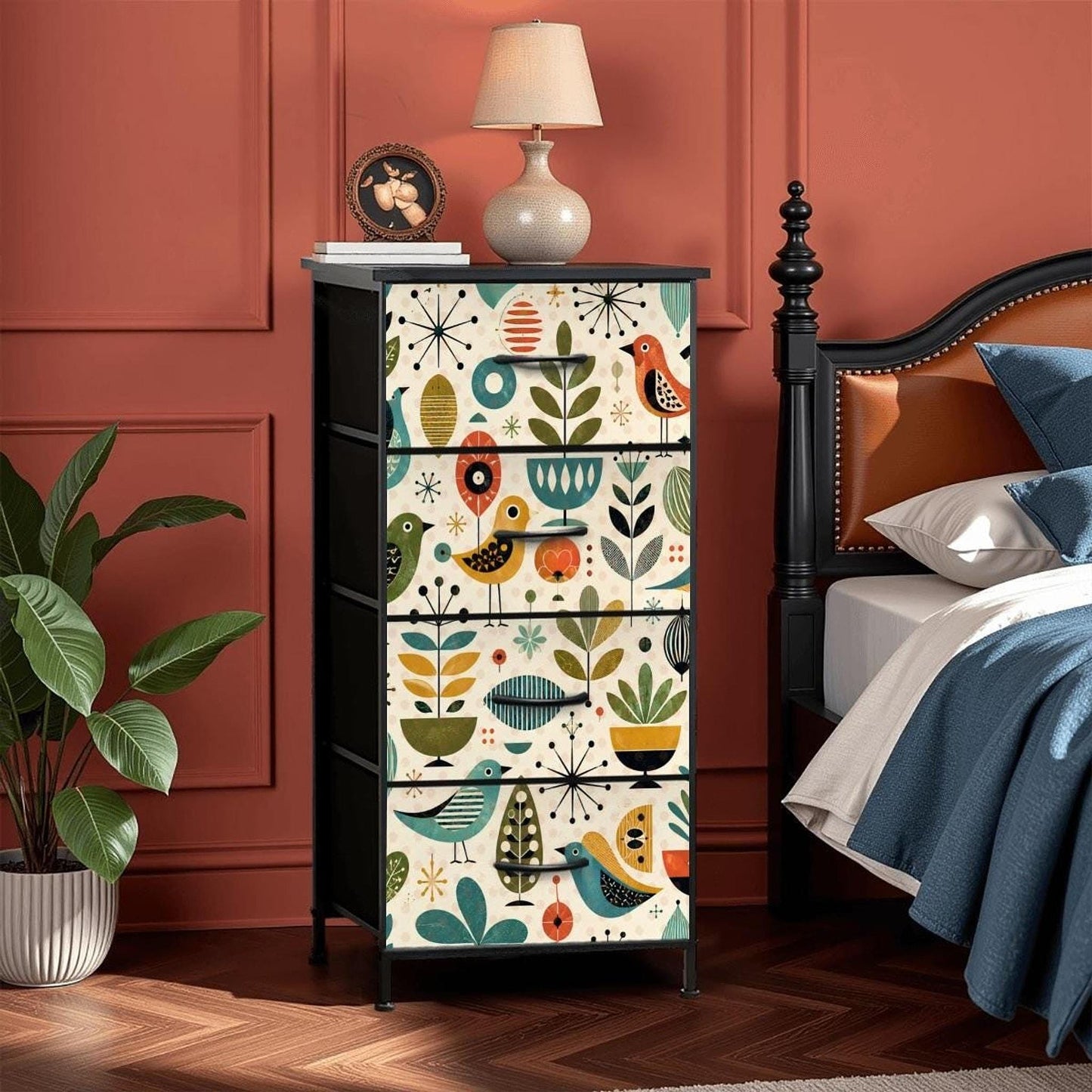 Mid Century Dresser with Colorful Bird Artwork, Made in USA