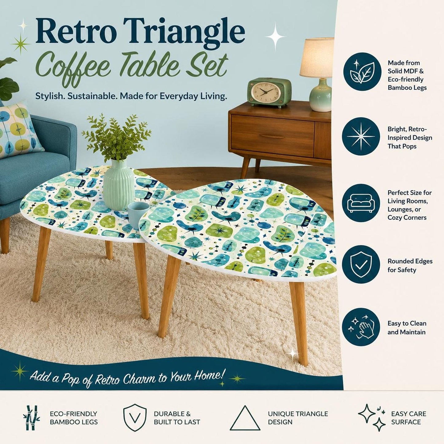 Blue Retro Coffee Table Set of 2, Eco-Friendly Triangle Design with Bamboo Legs