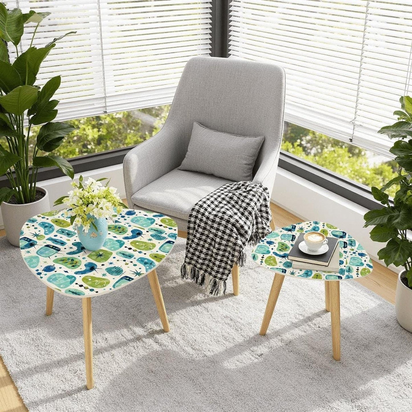 Blue Retro Coffee Table Set of 2, Eco-Friendly Triangle Design with Bamboo Legs