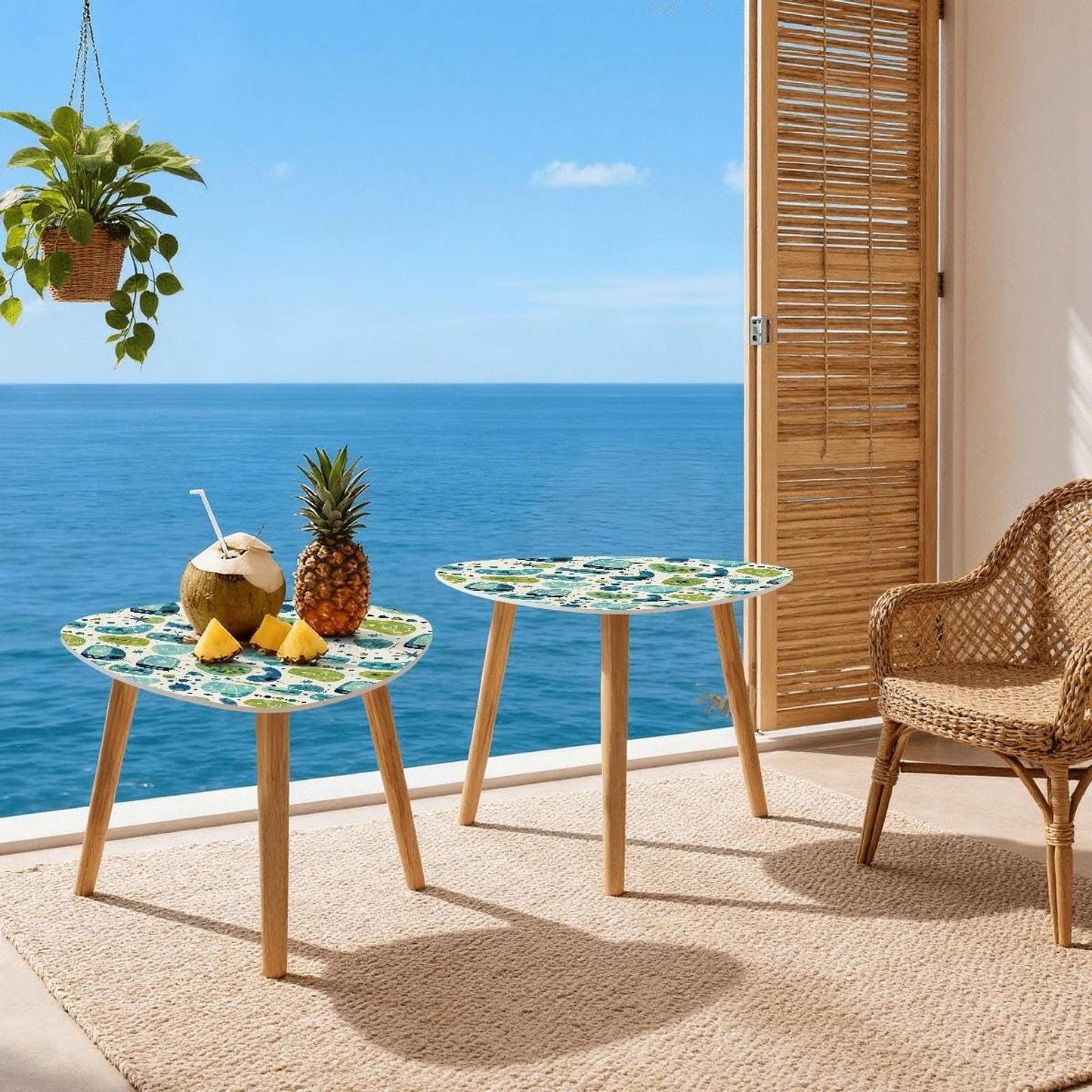 Blue Retro Coffee Table Set of 2, Eco-Friendly Triangle Design with Bamboo Legs