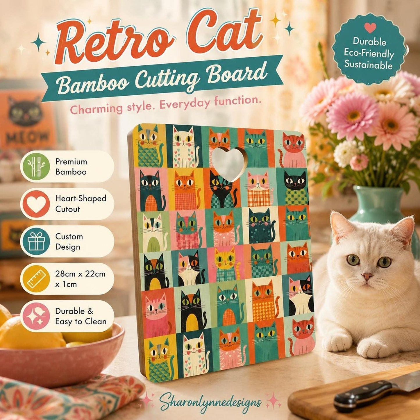 Cat Cutting Board, Retro Bamboo Design with Heart-Shaped Cutout