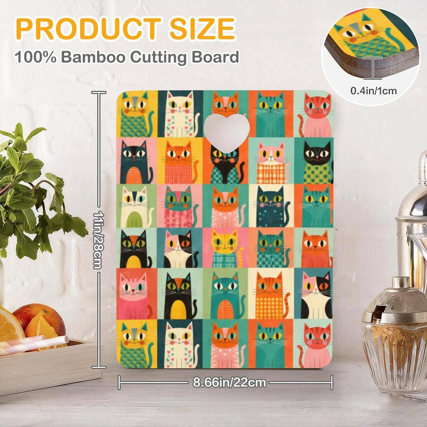 Cat Cutting Board, Retro Bamboo Design with Heart-Shaped Cutout