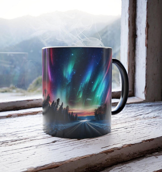 Color Changing Mug with Aurora Borealis Design, Heat-Reactive Ceramic Coffee Cup