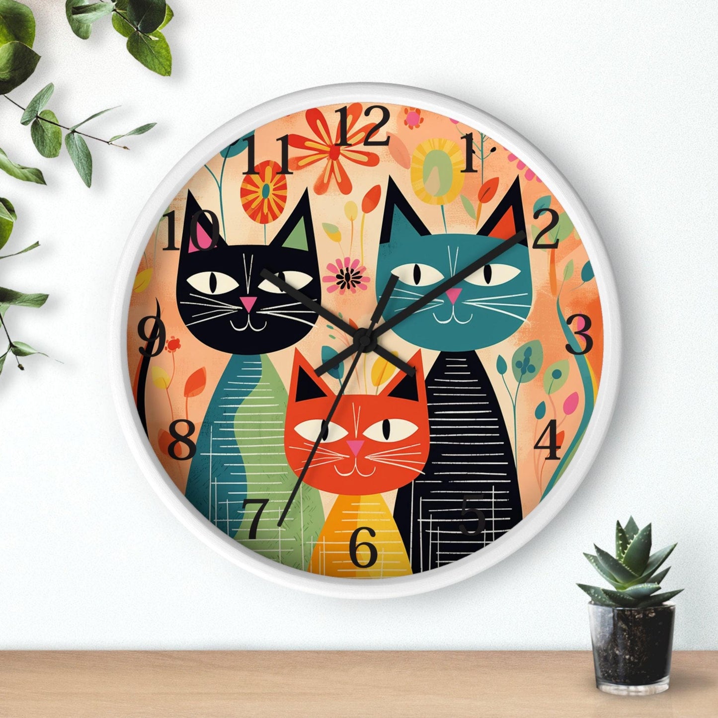 Feline Wall Clock, Retro Cat Design in Mid-Century Style for Home Decor