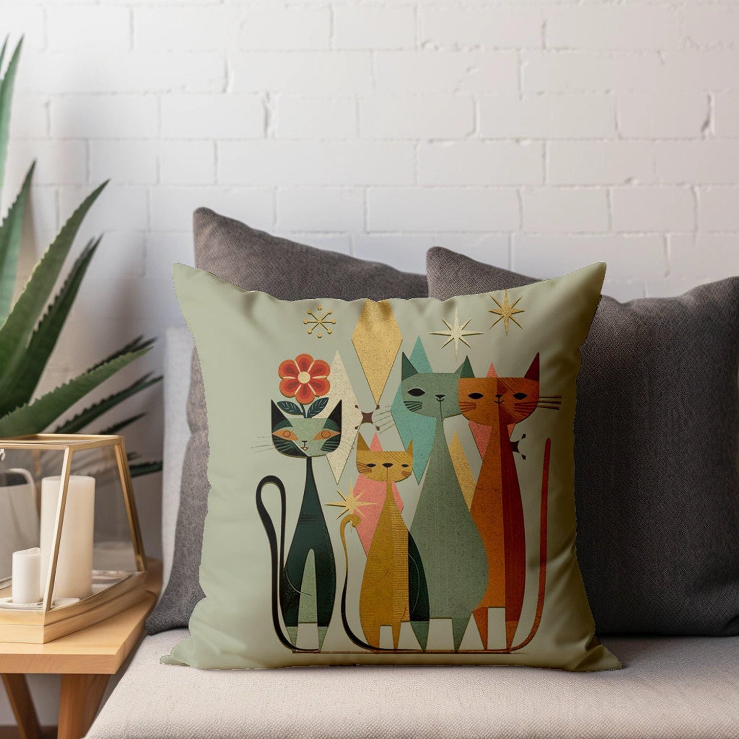Feline Throw Pillow Cover, Vintage-Inspired Mid-Century Modern Cat Cushion