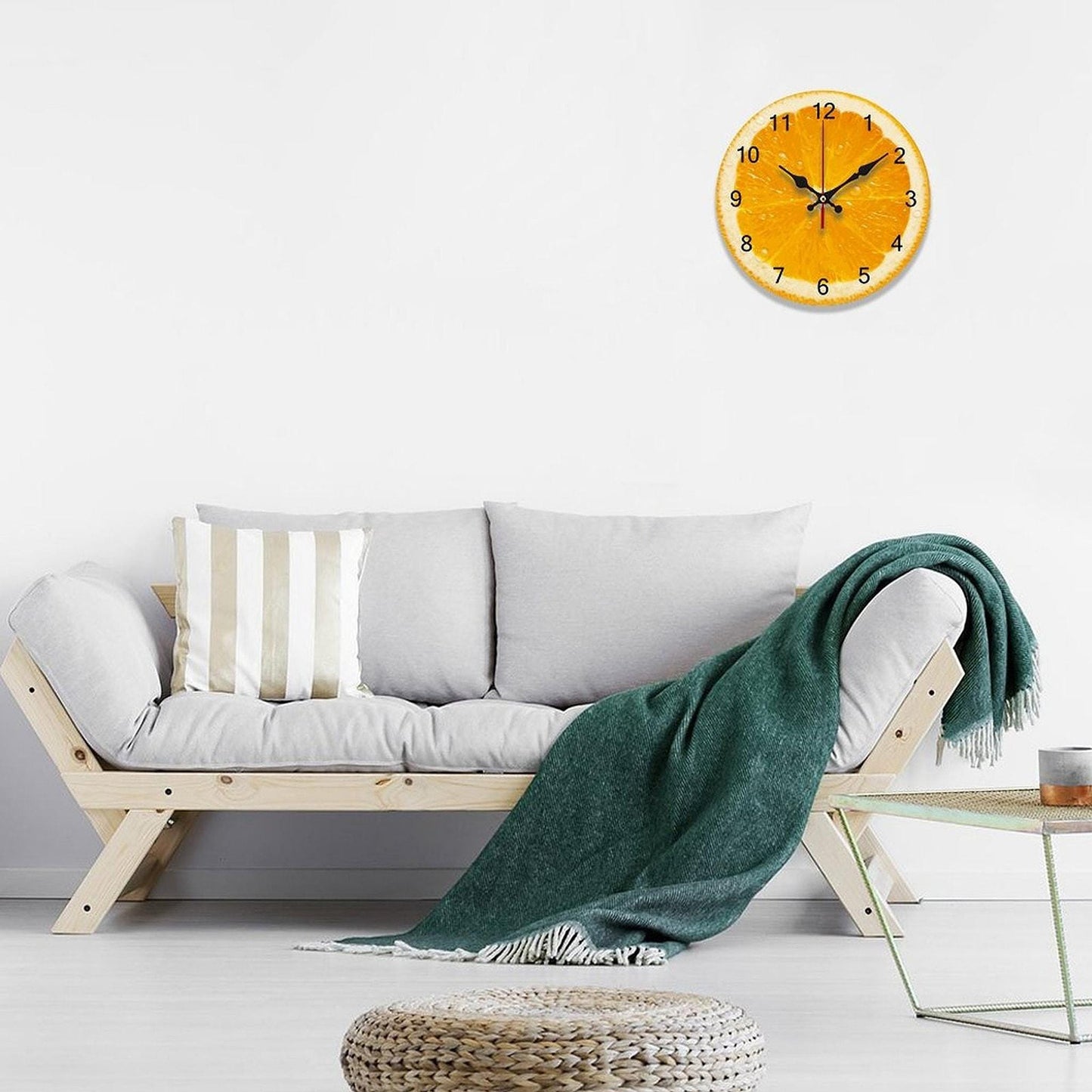 Orange Wall Clock, Retro Wooden Kitchen Decor with UV Print Design