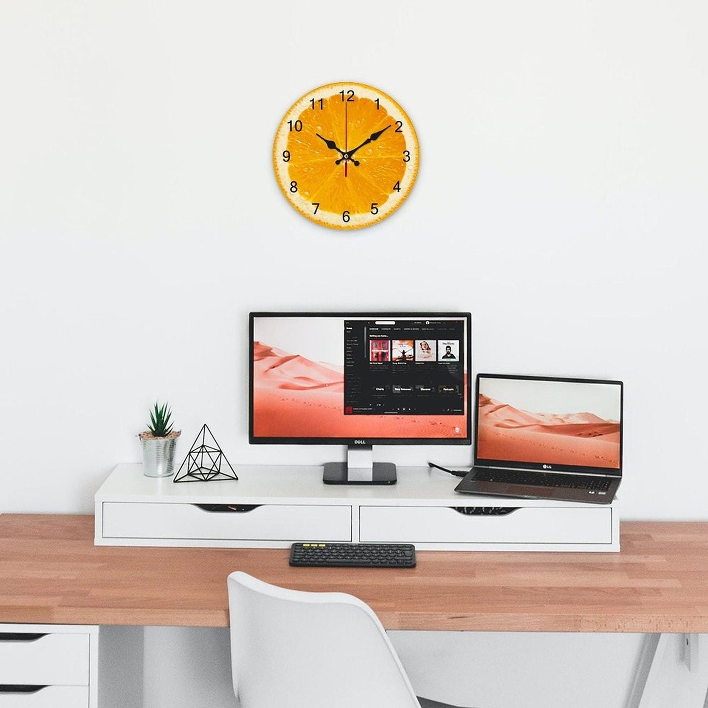 Orange Wall Clock, Retro Wooden Kitchen Decor with UV Print Design