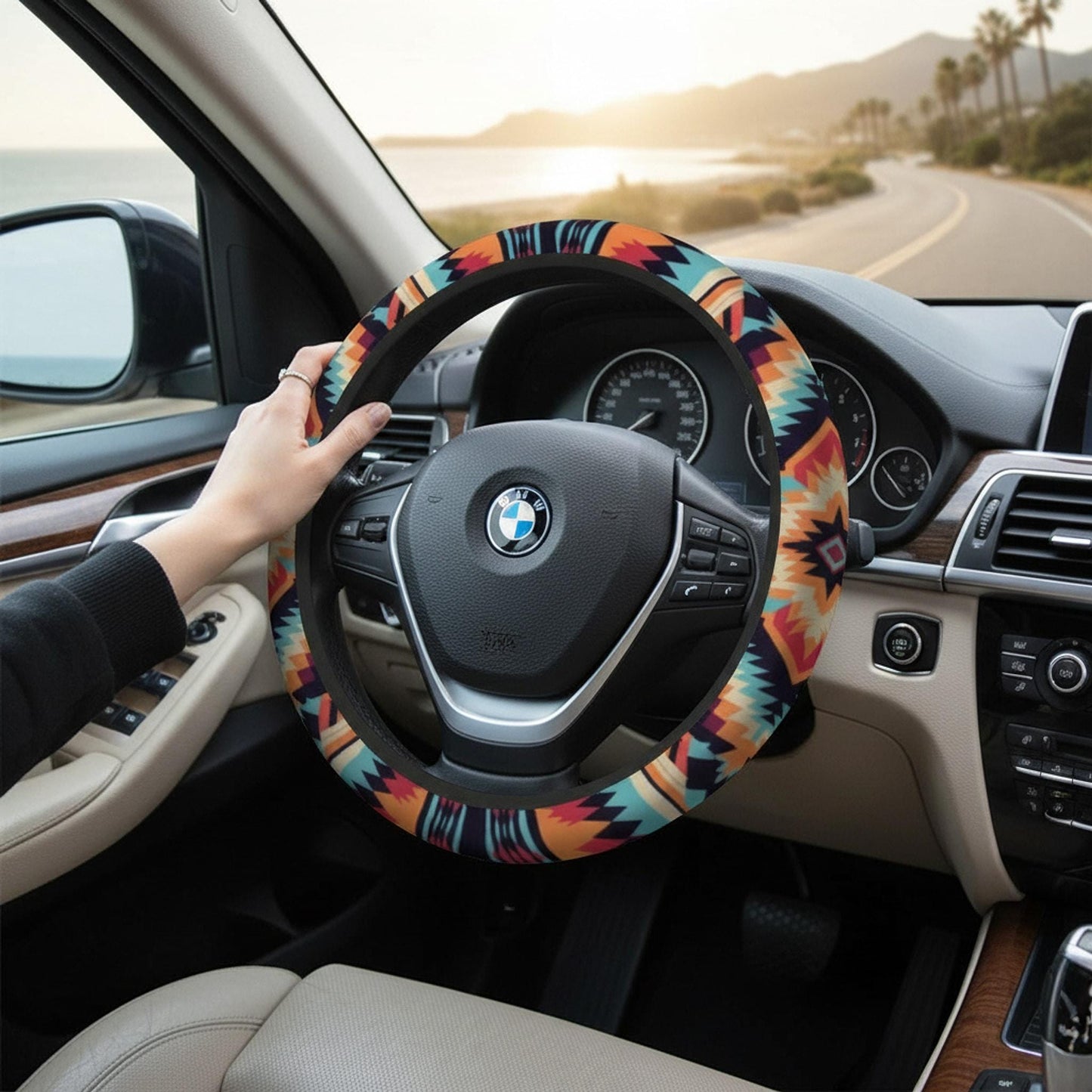 Aztec Steering Cover, Durable Neoprene Wheel Protector with Tribal Design