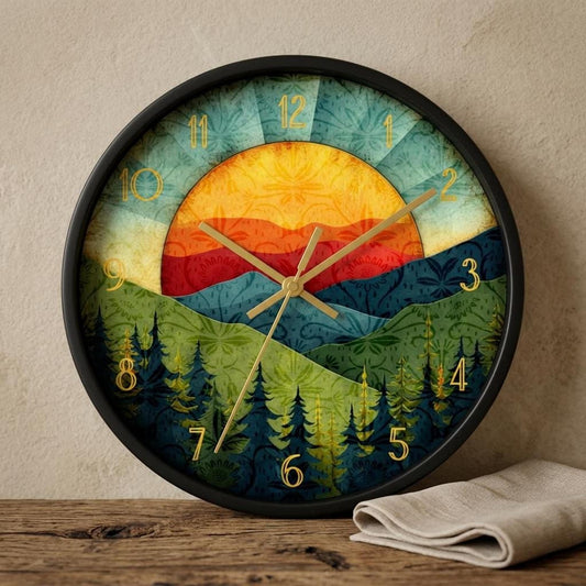 Mountain Wall Clock: Sunset Design with Silent Movement