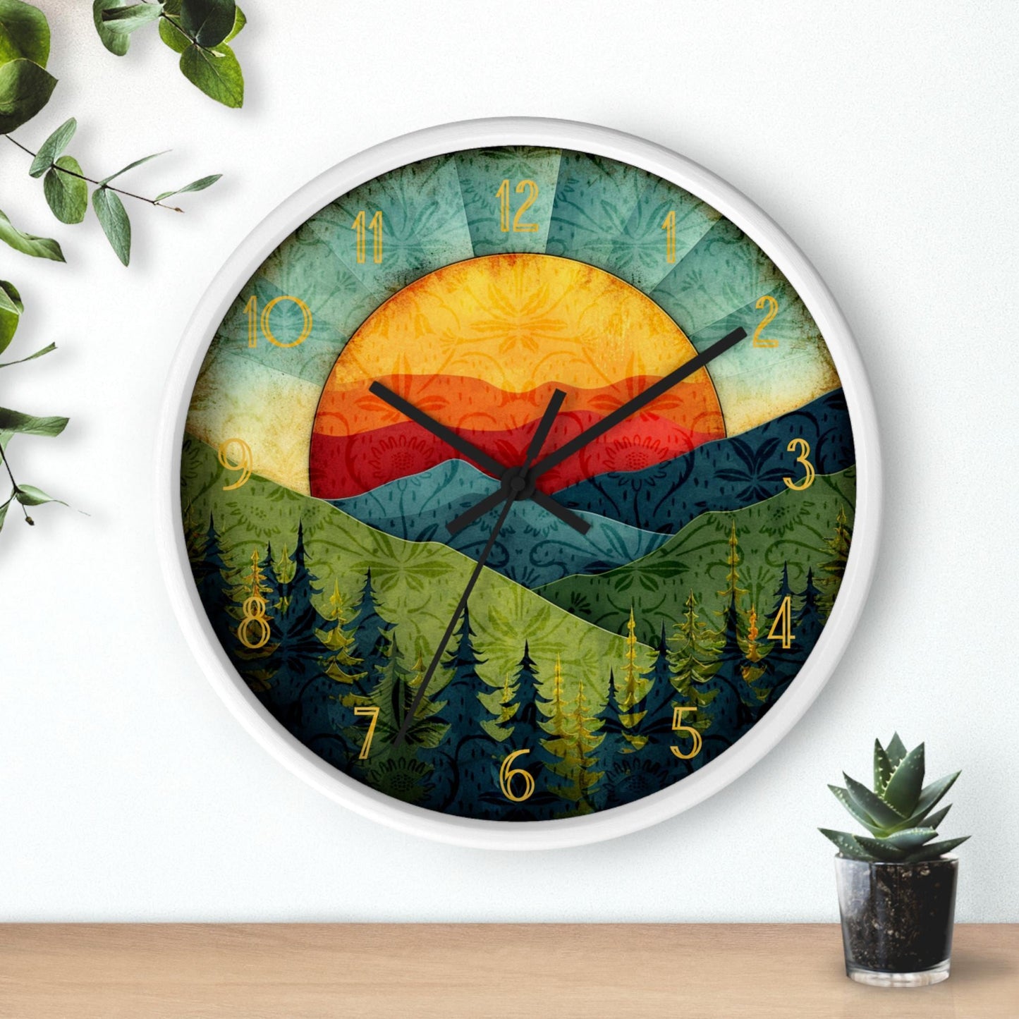 Mountain Wall Clock, Sunset Design with Silent Movement in Plexiglass