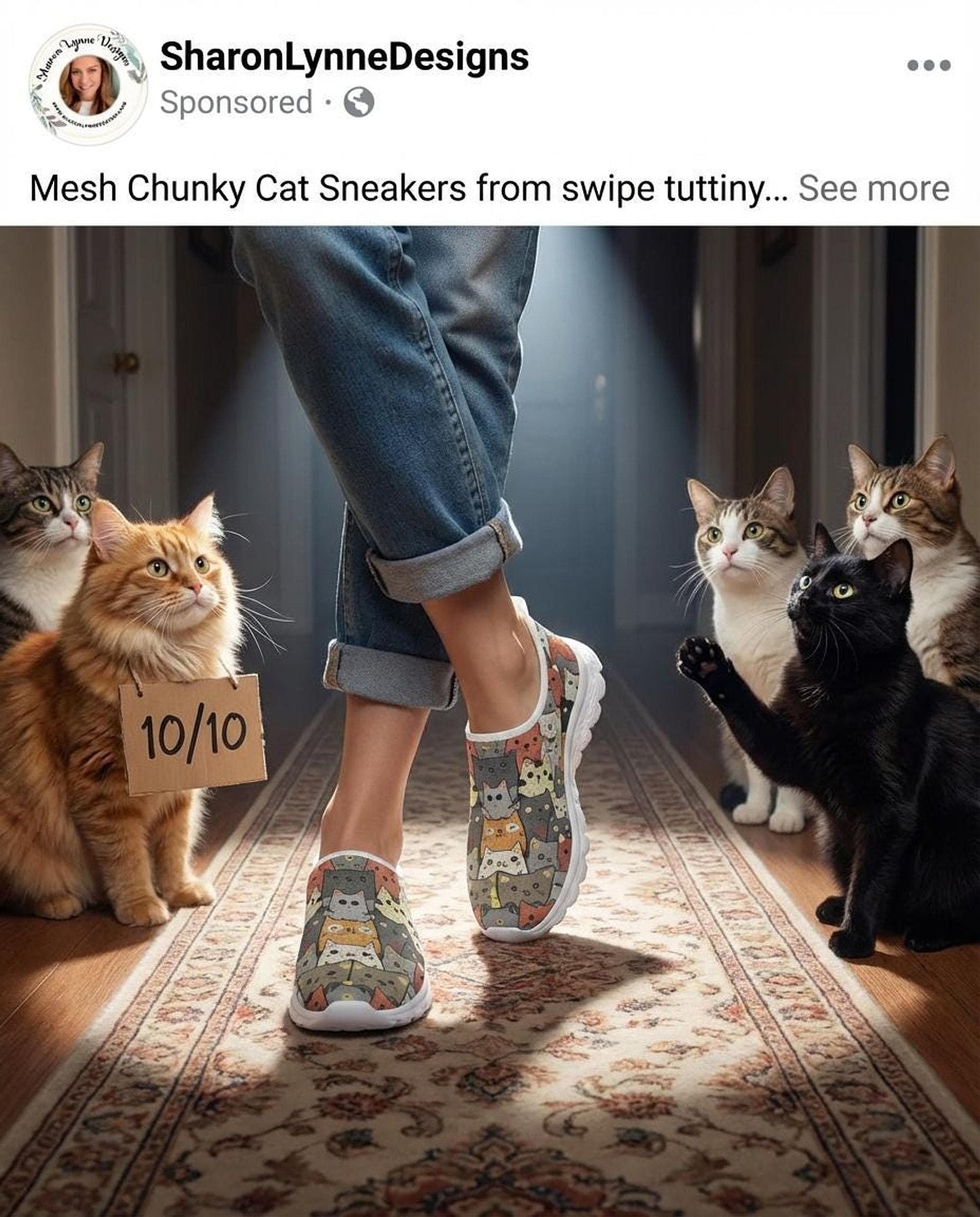 Cat Design Sneakers for Women, Breathable Slip-On Mesh Athletic Shoes