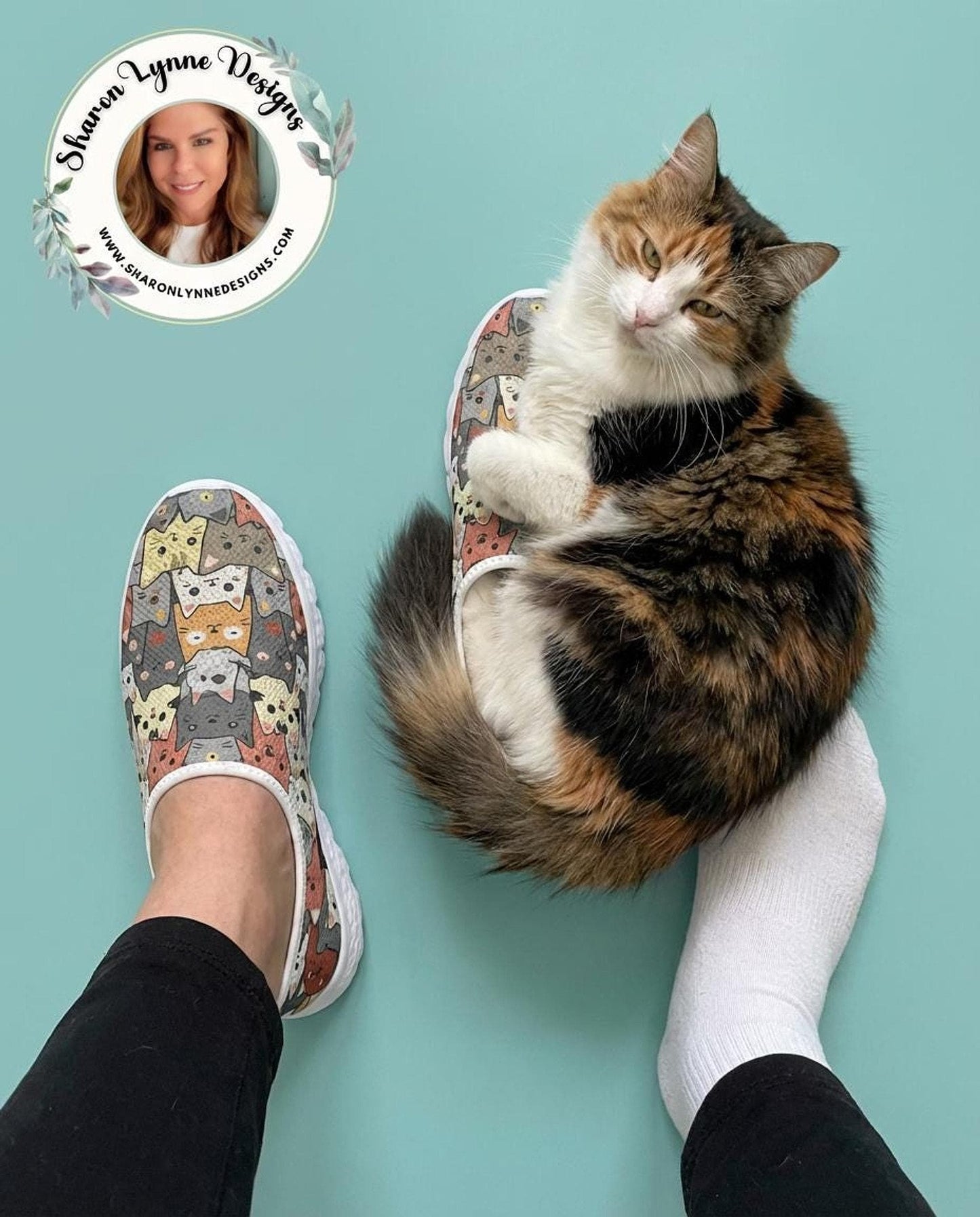 Cat Design Sneakers for Women, Breathable Slip-On Mesh Athletic Shoes