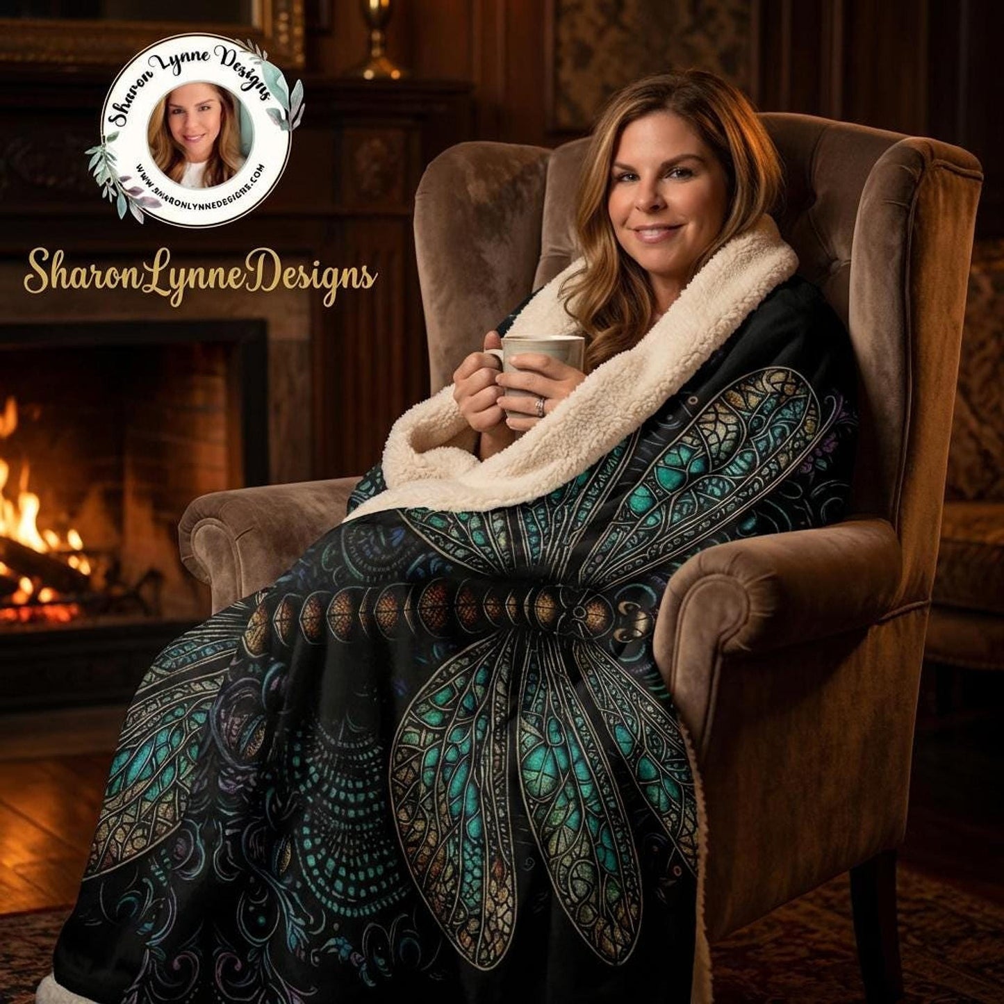 Dragonfly Throw Blanket, Plush Sherpa in Beige & Black for Cozy Decor