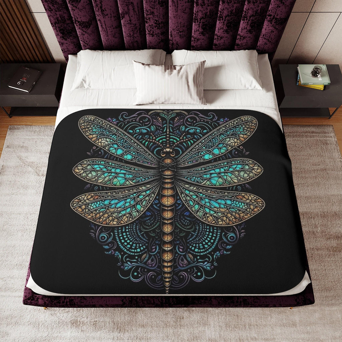 Dragonfly Throw Blanket, Plush Sherpa in Beige & Black for Cozy Decor