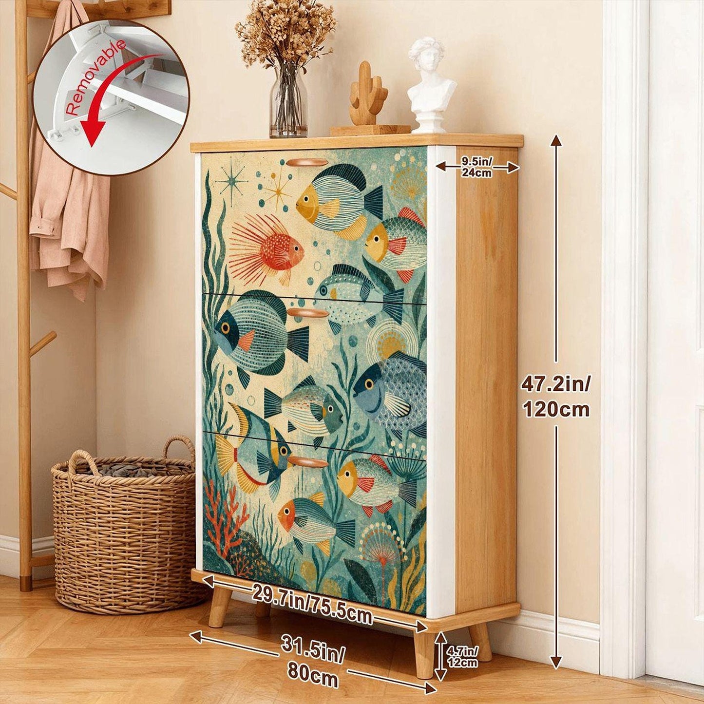 Retro Shoe Cabinet with Ocean Scene, Nautical Storage for Up to 22 Pairs