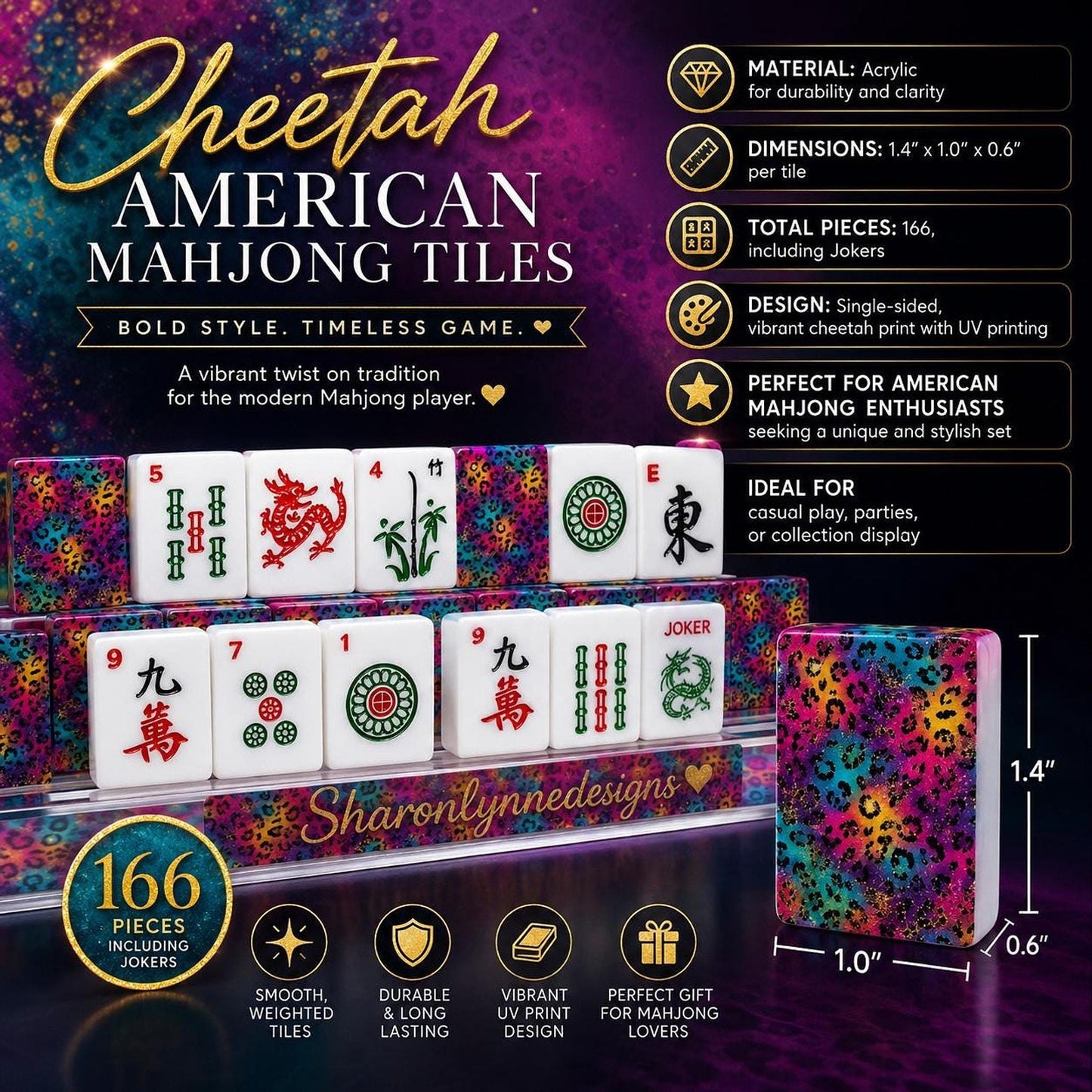 Cheetah Mahjong Set, Colorful Acrylic Tiles with Jokers for Gameplay