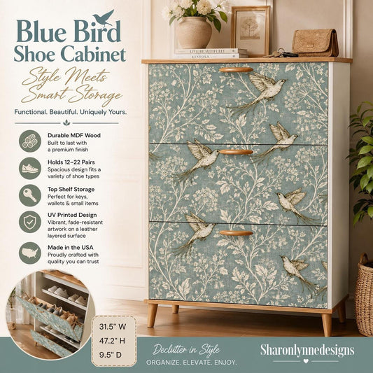 Vintage Shoe Cabinet with Blue Bird Design, Made in USA