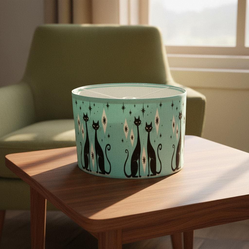 Teal Atomic Cat Tripod Lamp Shade, Mid Century Modern Linen with Metal Ring