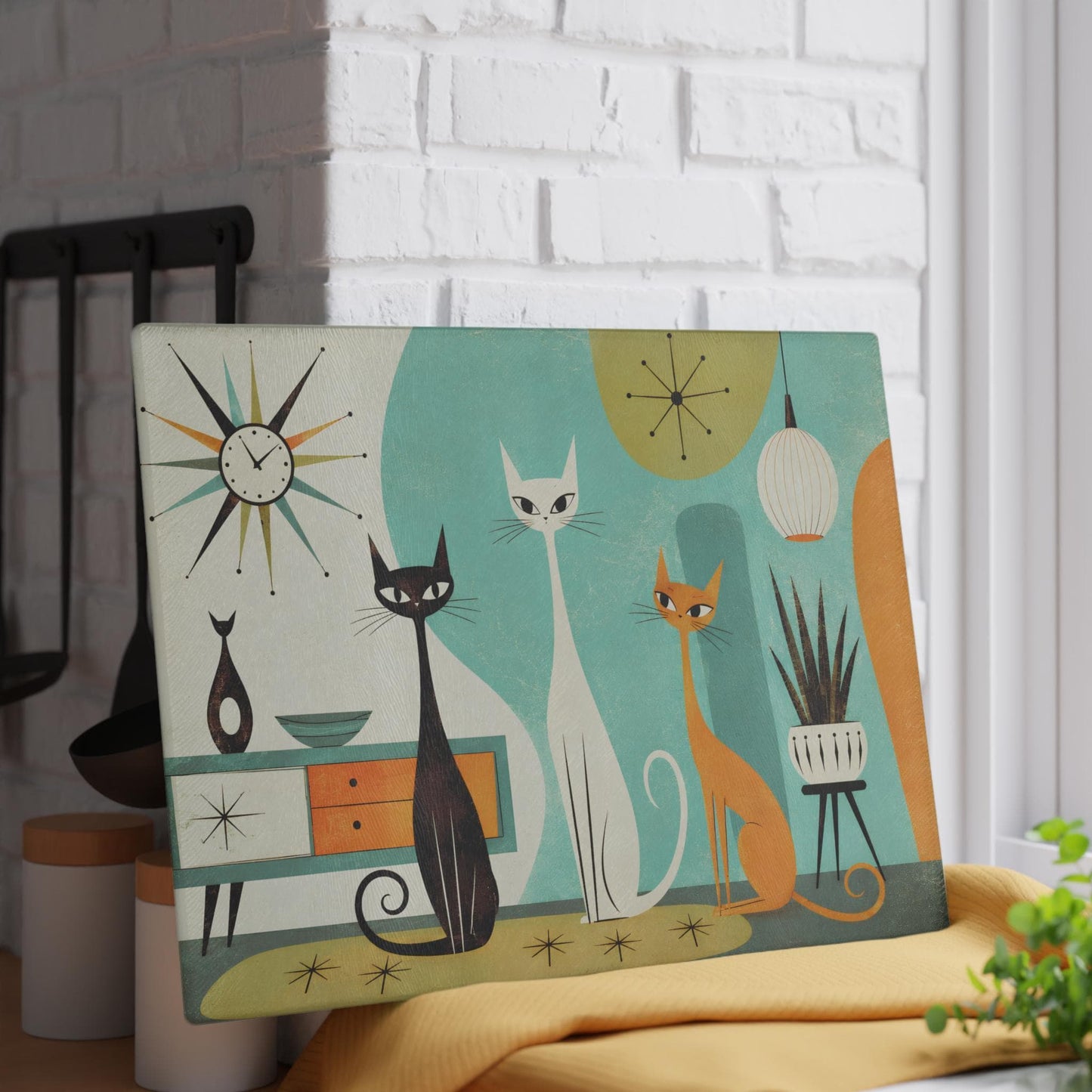 Mid Century Modern Glass Cutting Board with Playful Cat Design