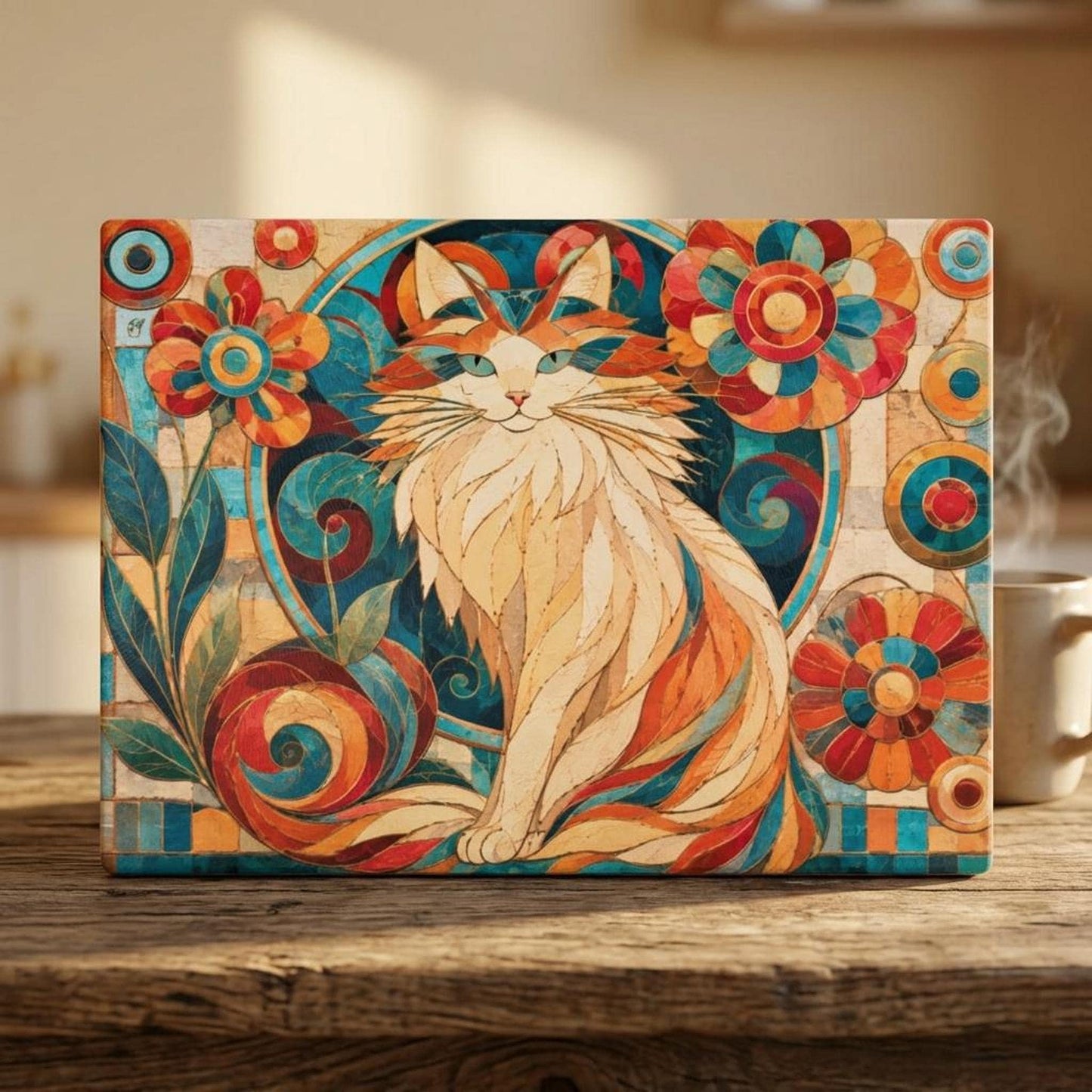 Whimsical Floral Cutting Board with Colorful Cat Design, Tempered Glass Kitchen Art