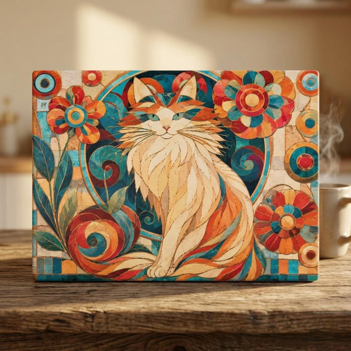 Whimsical Floral Cutting Board with Colorful Cat Design, Tempered Glass Kitchen Art