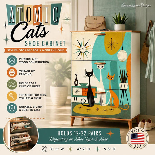 Atomic Cats Cabinet, MDF Wood Shoe with Colorful Design