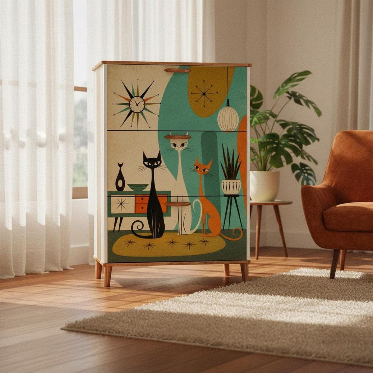 Atomic Cats Cabinet, MDF Wood Shoe with Colorful Design