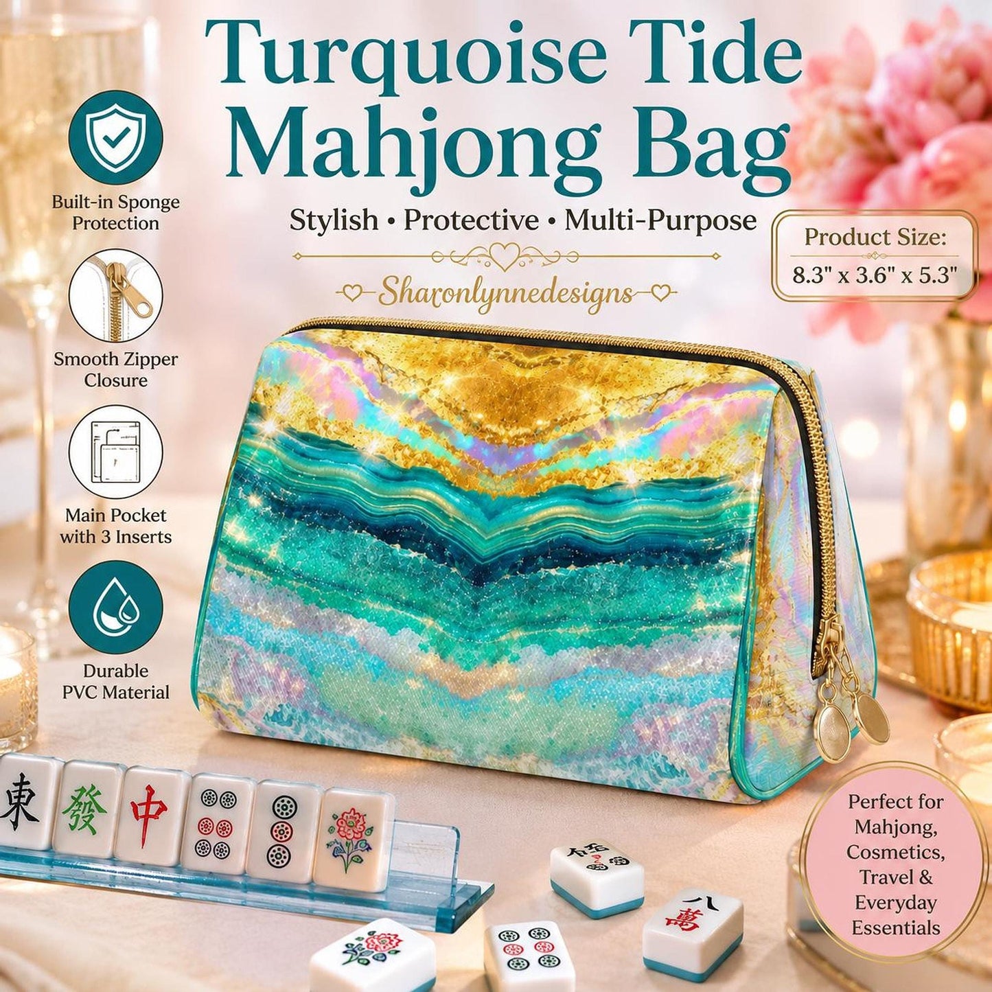 Mahjong Storage Bag, Turquoise Tide Large Leather Bag with Protective Inserts