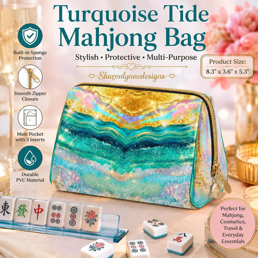 Mahjong Storage Bag, Turquoise Tide Large Leather Bag with Protective Inserts