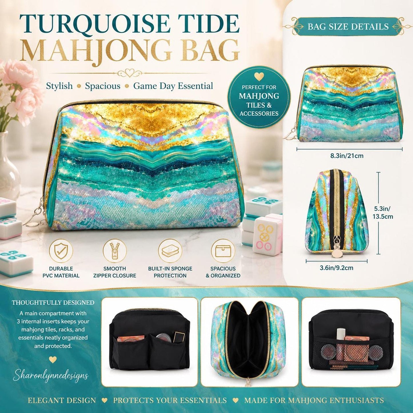 Mahjong Storage Bag, Turquoise Tide Large Leather Bag with Protective Inserts