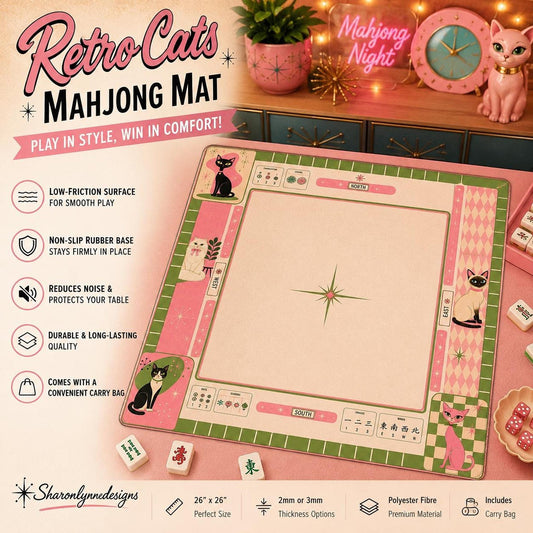 Retro Mahjong Mat with Adorable Cat Design, Non-Slip Rubber Base