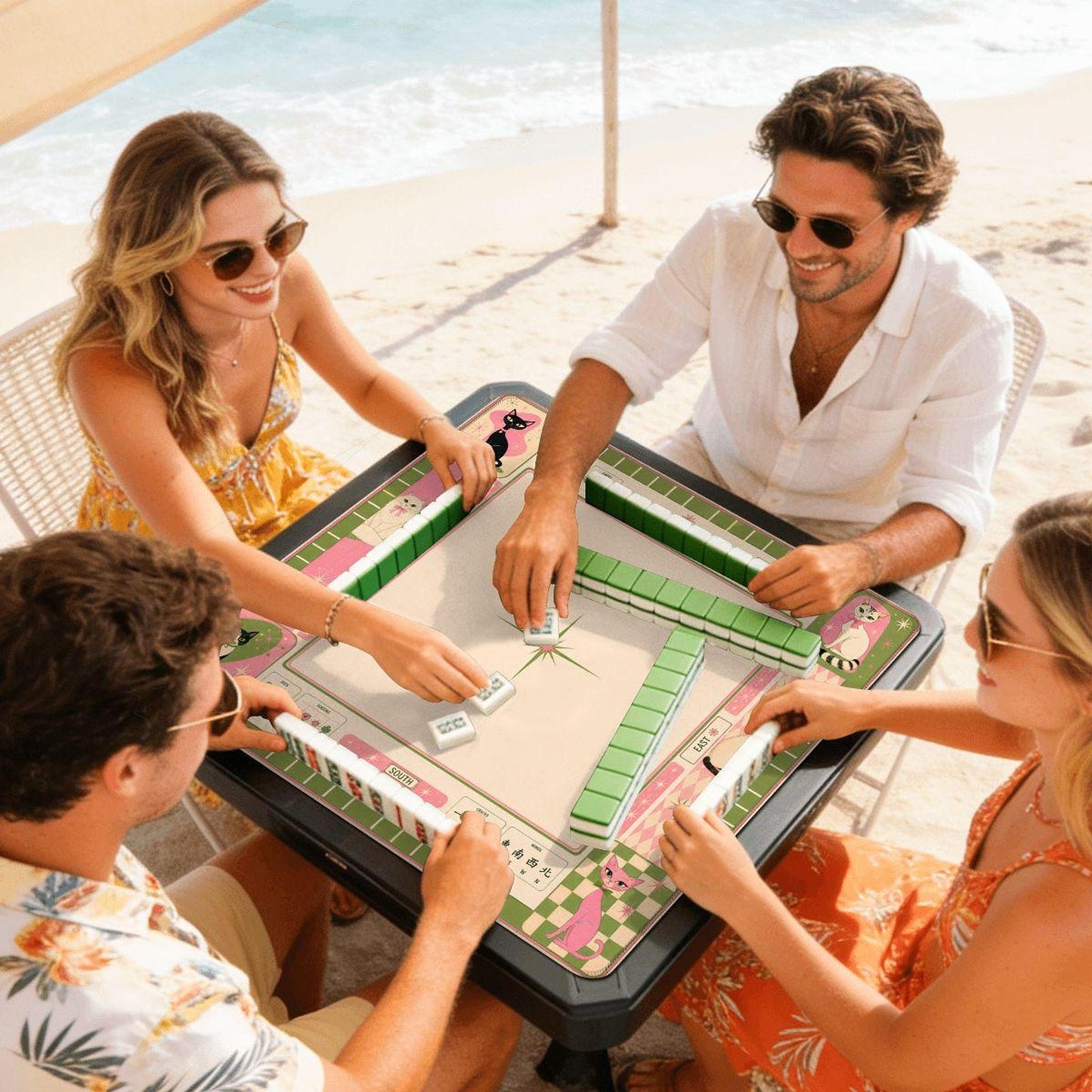 Retro Mahjong Mat with Adorable Cat Design, Non-Slip Rubber Base