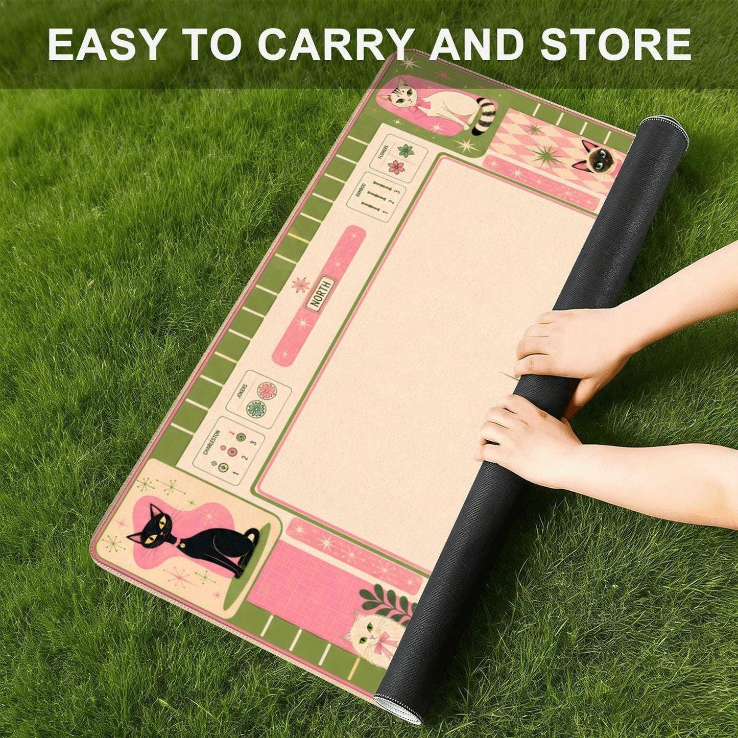Retro Mahjong Mat with Adorable Cat Design, Non-Slip Rubber Base