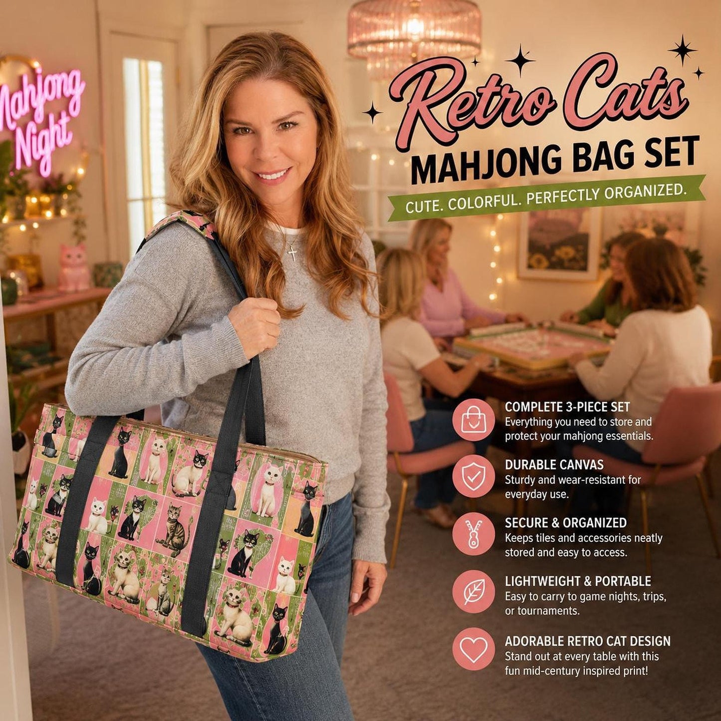 Mahjong Bag Set, Retro Canvas 3-Piece Storage Collection for Game Night