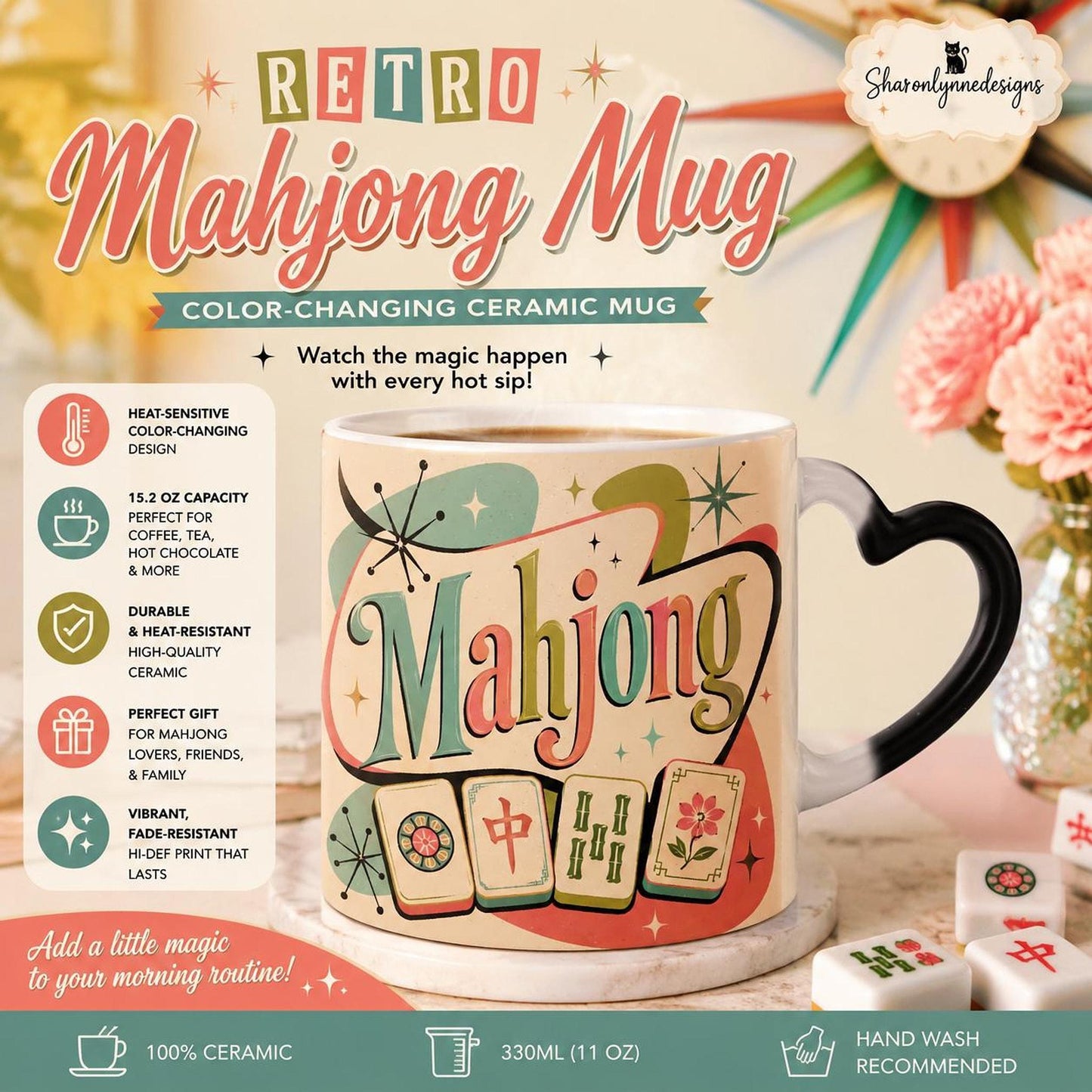 Mahjong Coffee Cup, Retro Color-Changing Ceramic Mug for Hot Beverages