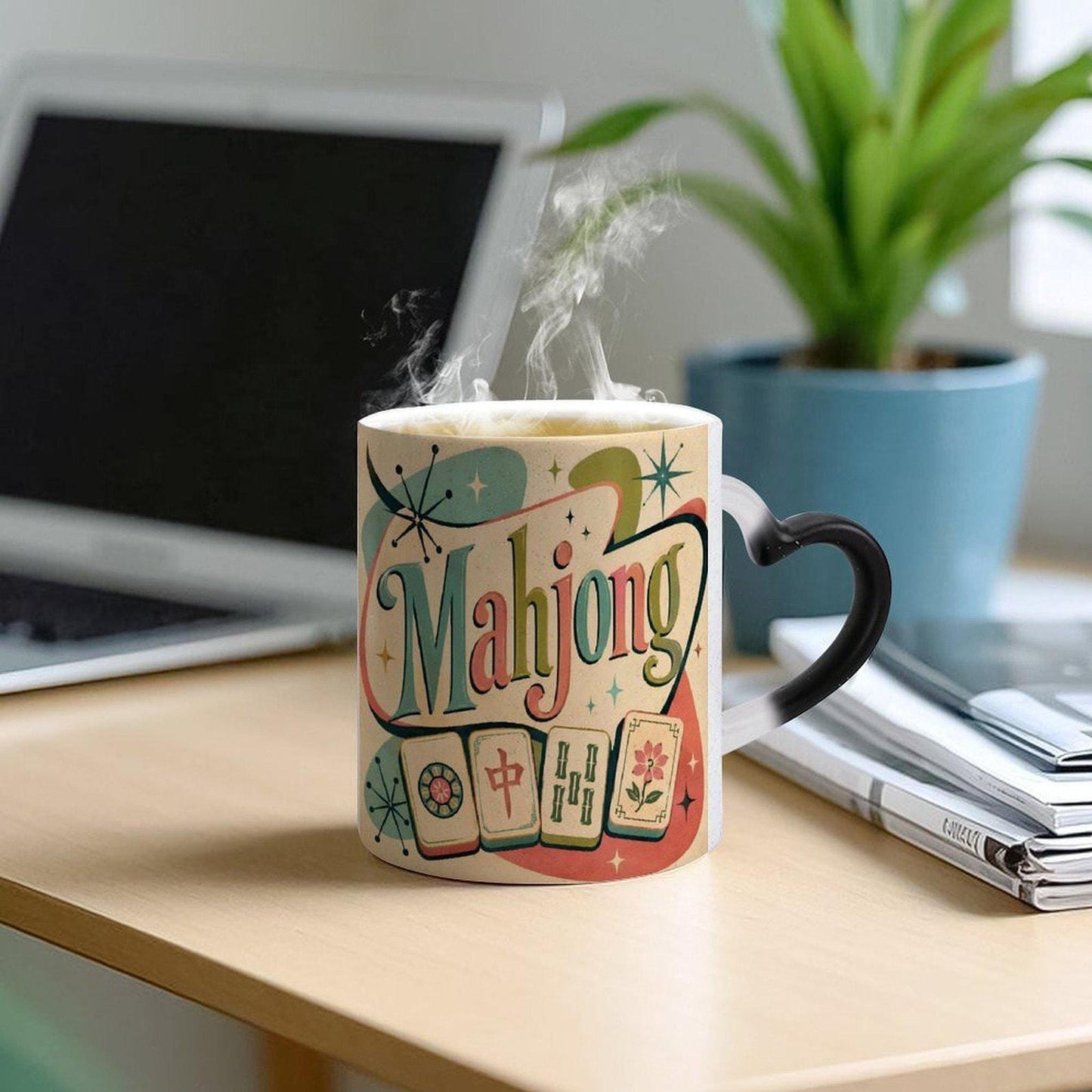 Mahjong Coffee Cup, Retro Color-Changing Ceramic Mug for Hot Beverages